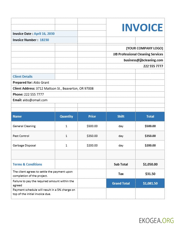 Modèle de facture de service de nettoyage commercial